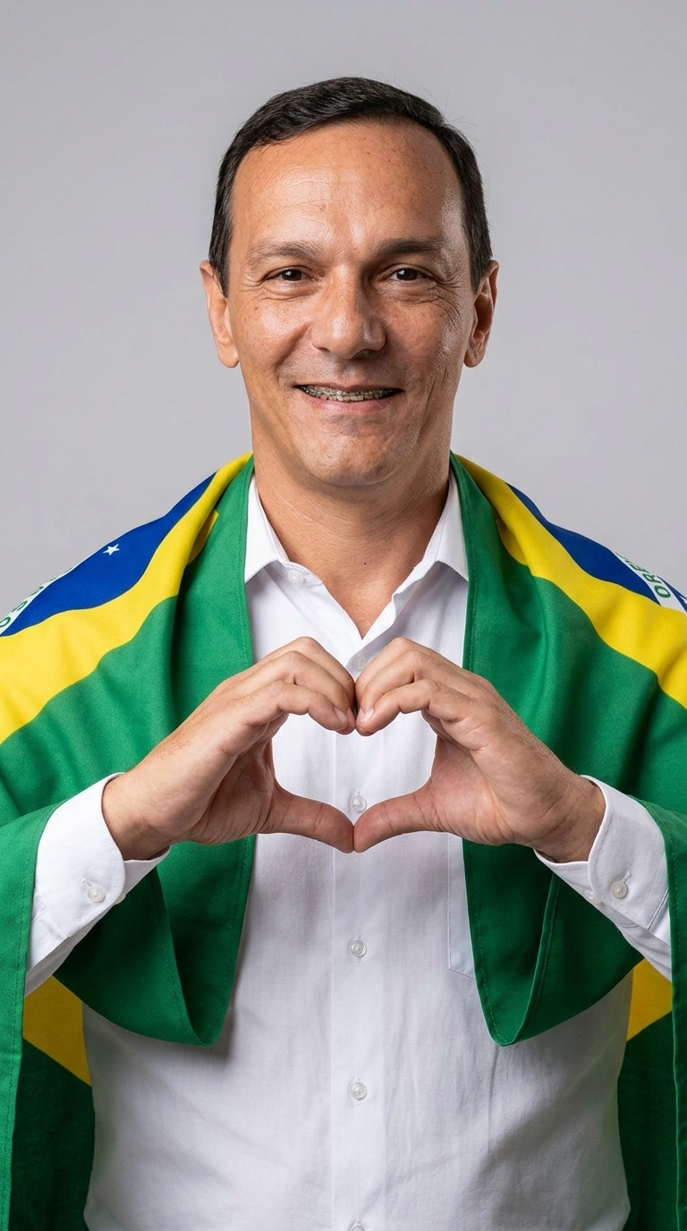 Retrato com gesto de coração e bandeira do Brasil