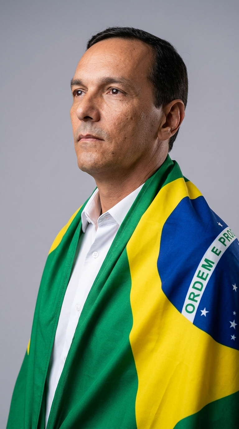Retrato sério com bandeira do Brasil
